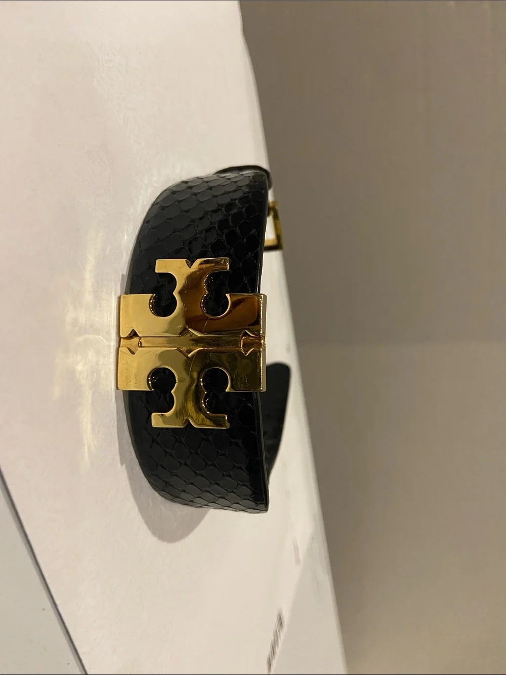 Tory Burch Black Leather Cuff with Gold Logo Plaque